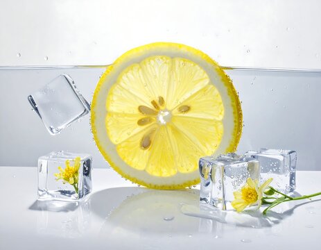 A vibrant cross-section of a lemon with three ice cubes, one containing a small yellow flower, float in clear liquid