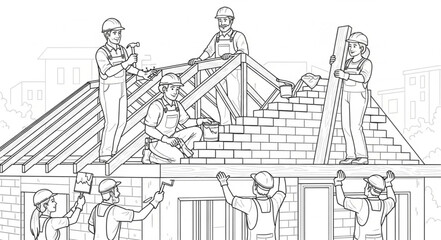Obraz premium Construction Workers Building a House Roof in Line Art.
