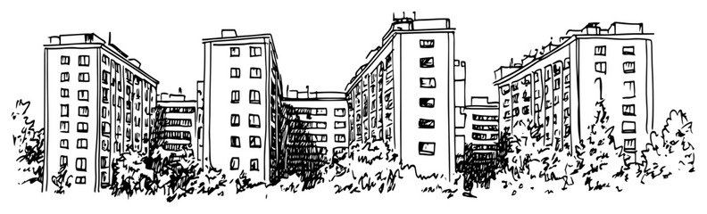 High rise apartment buildings surrounded by lush trees in sketch style © Kaz