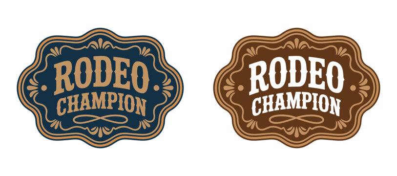Rodeo champion cowboy vintage emblem vector design, ornate belt buckle style badge with bull rider, western typography, and classic medal elements for ranch branding, country events, and retro logo gr
