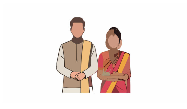 Traditional Indian woman in saree with offering plate and man in kurta vector cultural illustration isolated on white background