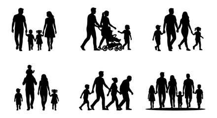 Family silhouettes set, black walking people vector icons, parents and children strolling together, group of diverse family figures for architectural rendering