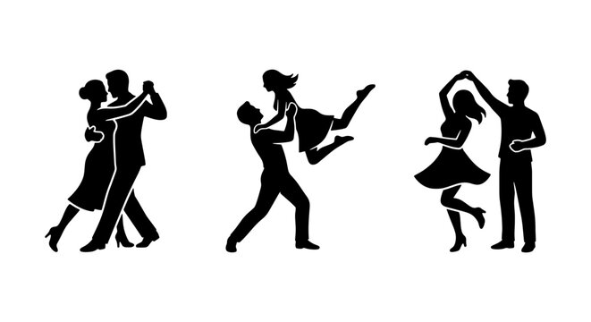 Dancing couple silhouettes set, romantic ballroom dance vector icons, elegant wedding dancers performing salsa and swing choreography
