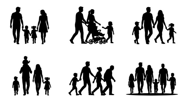 Family silhouettes set, black walking people vector icons, parents and children strolling together, group of diverse family figures for architectural rendering