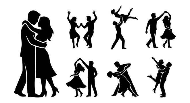 Romantic dancing couple silhouettes, ballroom dance partners set, black vector icons of man and woman in elegant poses, wedding dance choreography
