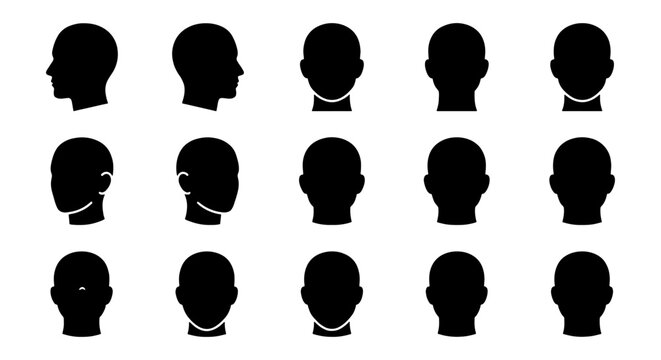 Human head silhouette collection, 15 male profile and front view icons, black manikin head rotation set for medical and barber diagrams