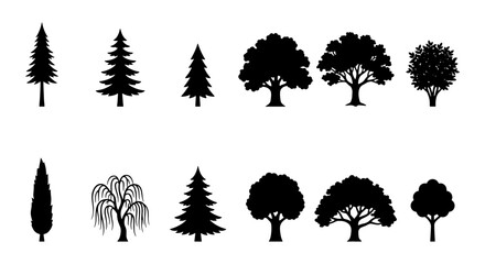 Black tree silhouettes collection, set of 12 forest and garden tree icons, minimalist pine and oak tree vector elements for landscape design © DesignHost