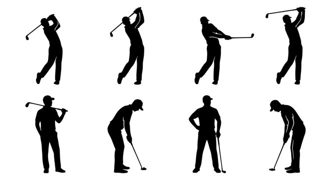 Golf player silhouettes set, collection of 8 male golfer vector icons, professional athletes swinging golf clubs, black sport figures on white background