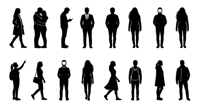 Black silhouettes of people in various poses, set of 16 human figures vector, diverse men and women standing and walking, urban crowd character collection