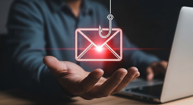Man holding hand out with email on hook above phishing fishing hook red glow