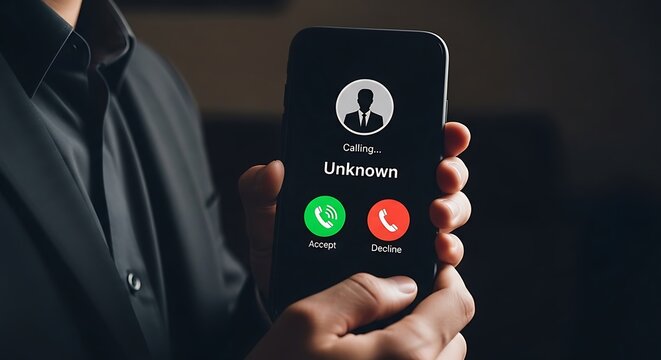 Man holding smartphone with unknown caller on screen phone call hand 1