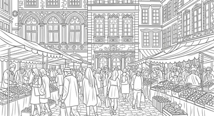 Obraz premium Crowded street scene with detailed architectural buildings.