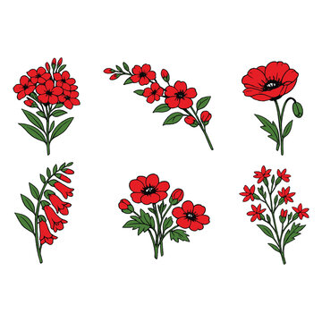 A set of six red flowers with