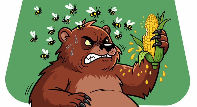 funny bear, cartoon bear, angry bear, bear eating corn, surrounded by bees, vector illustration