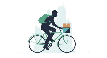 Fototapeta premium Delivery Cyclist with Package and Backpack on White Background.