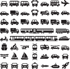 Naklejka premium Transportation icons, vehicle symbols, 40 car and truck graphics, black silhouette illustrations