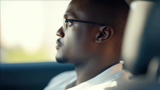 The actor is looking out the window of a car, wearing glasses and a crisp shirt.