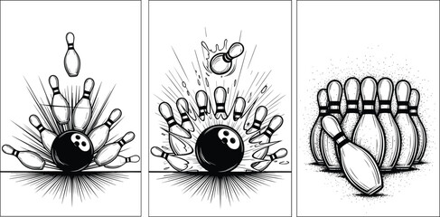 Fototapeta premium Set of three black and white woodcut style vector illustrations showing a bowling ball hitting pins for a strike and spare in sports.