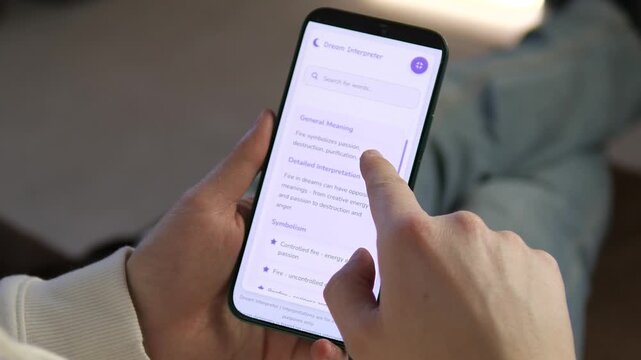 A person exploring dream symbolism and fire meanings on a smartphone. Ideal for psychology, wellness, and self-help content. Showcases the use of digital tools for mental health and self-discovery