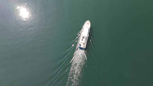 Aerial drone view of boat tours on Lake Constance, border region of Germany, Austria and Switzerland