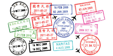 A collection of various international travel passport stamps with different dates and locations. ©  creative  marlia