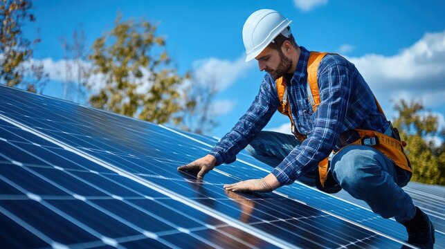 A man in a hard hat and safety vest installing solar panels on a roof