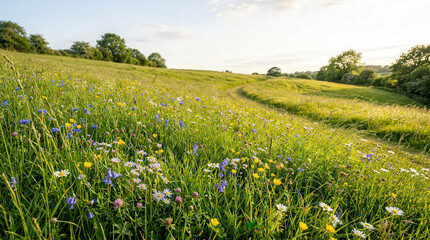 Fototapeta premium Beautiful Nature Scene Photo of Wildflower Meadow and Green Hills in Bright Sunlight