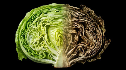 Obraz premium Iceberg lettuce cut on a black background. One half is fresh, and the other is dried and dark. A single composition without separation.