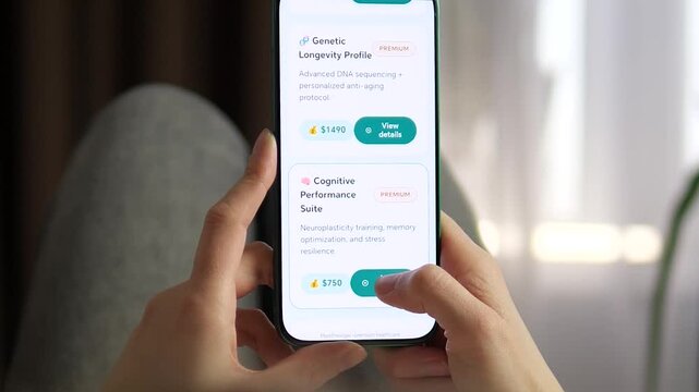 Explore the future of biohacking with this 4K footage of a premium health app. User browses AI-assisted diagnostics, DNA longevity profiles, and cognitive performance suites. Ideal for med-tech