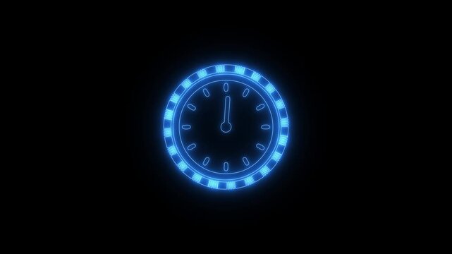 clock icon animation glowing neon blue color watch dial circle timer timekeeper analog clock 24 hour day fast speed sign symbol on black background,4k animation video neon.