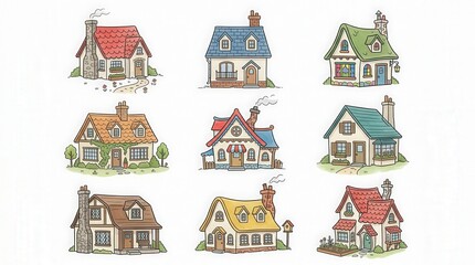 Fototapeta premium Collection of Charming House Illustrations in Various Styles and Colors for Home Design
