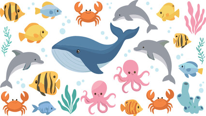 Obraz premium Cartoon Underwater Ocean Animals Set Featuring Dolphins, Whales, Octopus, Crabs, Fish, and Coral Illustrations
