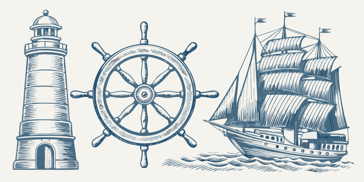 Vintage nautical illustration featuring a lighthouse ship s wheel and sailing ship