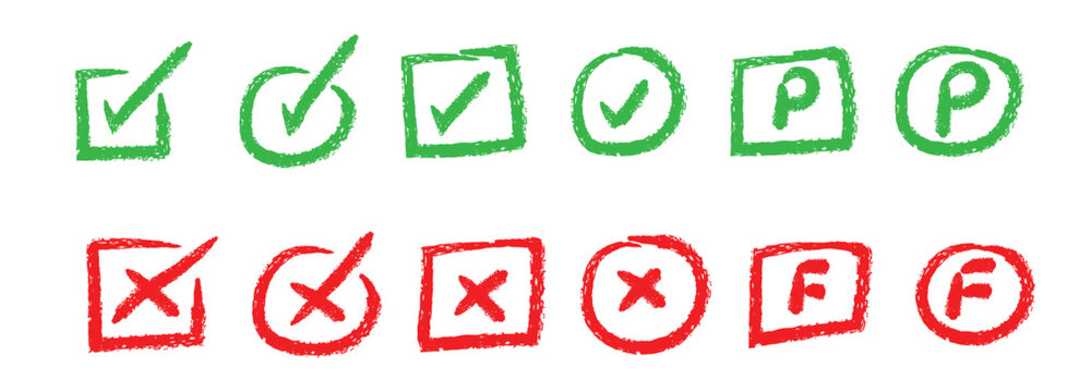 Hand-drawn set of green check marks and red cross icons for pass fail grading and feedback