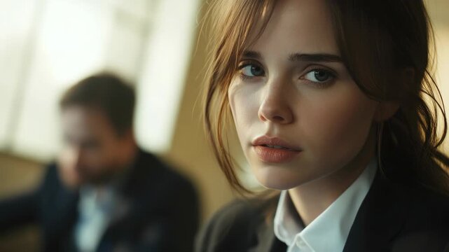 Portrait of young woman with contemplative expression, looking to side.