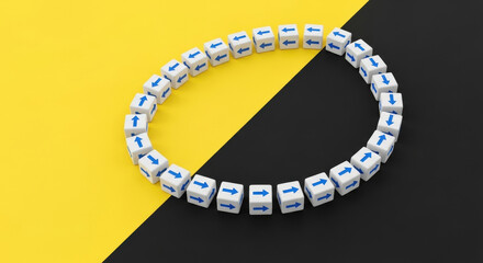 Fototapeta premium Circle Formed with Directional Arrow Cubes on Yellow and Black Background Idea Communication Concept Abstract Path Way Flow Connection Direction