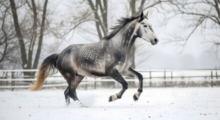 Fototapeta premium Graceful gallop of a horse in a snowy winter field