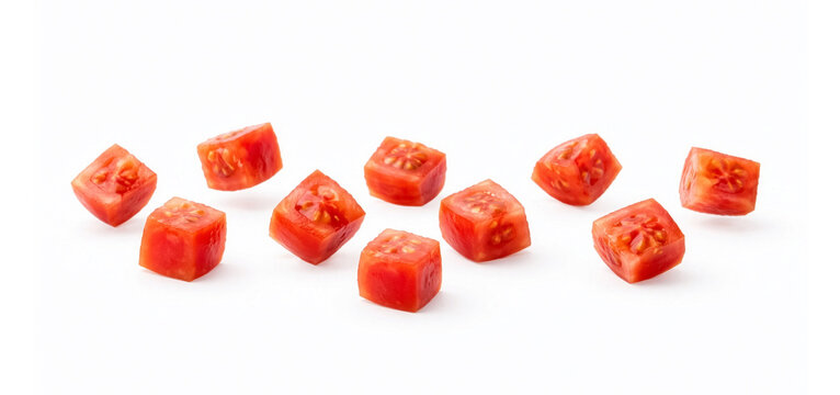 Diced Tomato Cubes Row Low Angle Floating on White Background