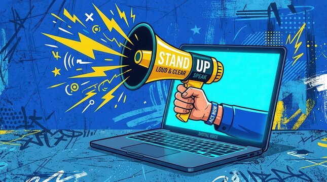 Illustration of Online Protest Concept with Hand Holding Megaphone Emerging from Laptop Screen