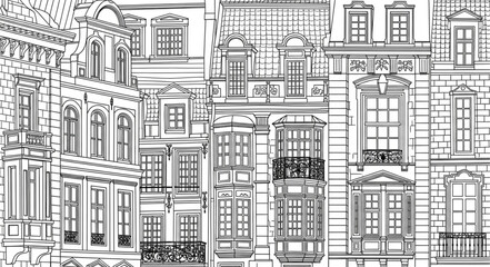 Obraz premium Detailed Architectural Facade Illustration of European Buildings.