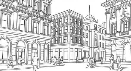 Fototapeta premium Detailed architectural sketch of a bustling city street scene.
