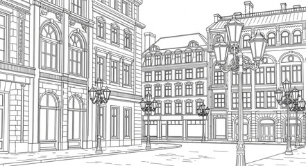 Detailed architectural sketch of a European city square. © Sukses