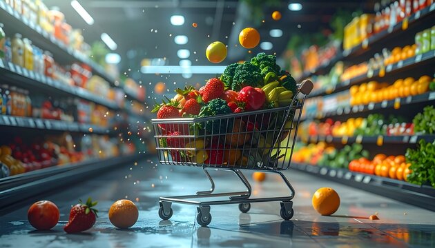 A full shopping cart overflowing with fresh fruits and vegetables in a vibrant supermarket aisle