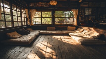 Fototapeta premium Cozy room with large windows and comfortable seating arrangement