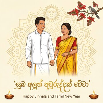 Sinhala and Tamil New Year Wishes Flyer with Traditional Sri Lankan Couple, Erabadu Flowers, and Oil Lamps, Suba Aluth Avuruddak Wewa Greeting Card Illustration