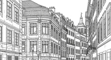 Obraz premium Detailed architectural sketch of a European city street with historic buildings.