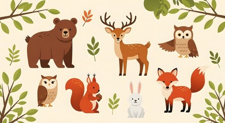 Obraz premium Charming forest friends a whimsical illustration of woodland creatures