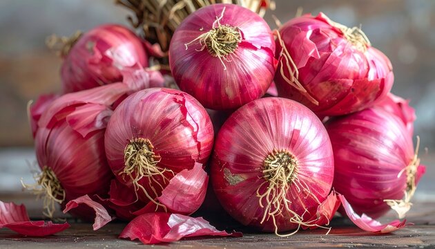 A Rustic Pile of Fresh Red Onions with Papery Skins and Fibrous Roots Tied Together, Showcasing