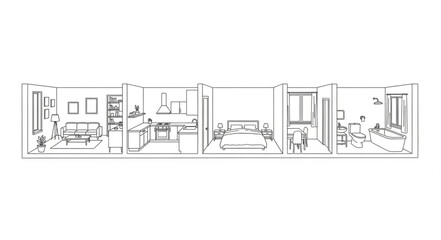 Detailed architectural sketch of a modern open-plan apartment interior. © Sukses