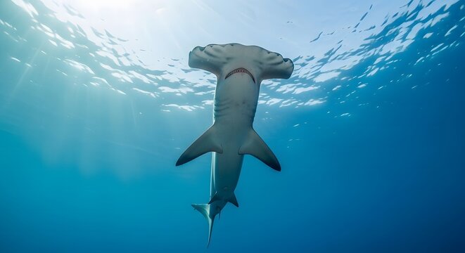Great hammerhead shark swimming gracefully underwater in a tropical ocean environment

